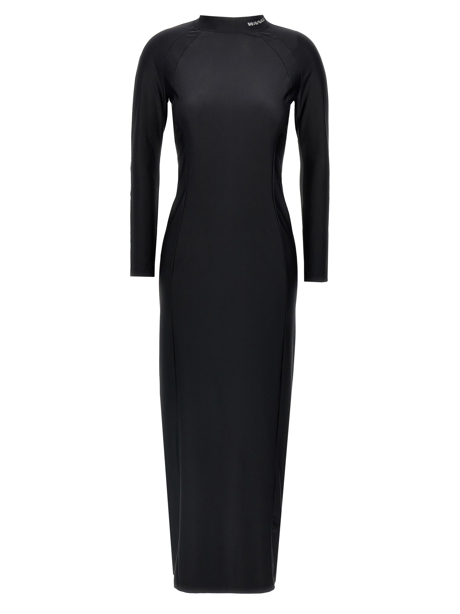 Dress by T BY ALEXANDER WANG for women in stretch nylon black presents a sinuous silhouette, showcasing a sophisticated high-neck neckline and long-sleeve detailed with a sinuous midi for a refined finish.