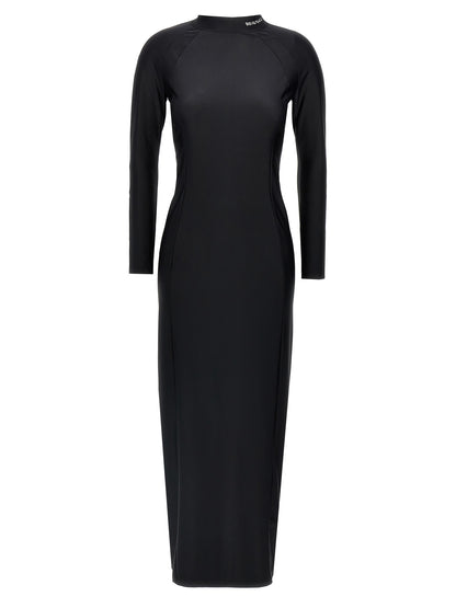 Dress by T BY ALEXANDER WANG for women in stretch nylon black presents a sinuous silhouette, showcasing a sophisticated high-neck neckline and long-sleeve detailed with a sinuous midi for a refined finish.