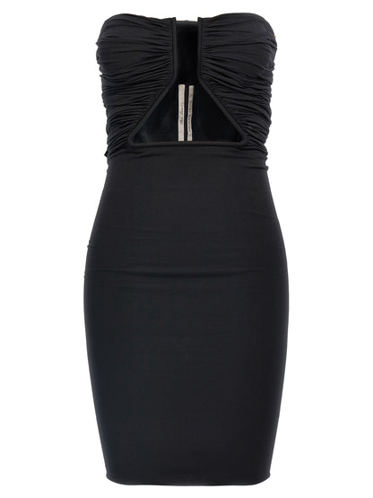 Dress by Rick Owens for women in stretch nylon black features an magnificent silhouette, artfully detailed with a magnificent and that flows into an magnificent short mini.