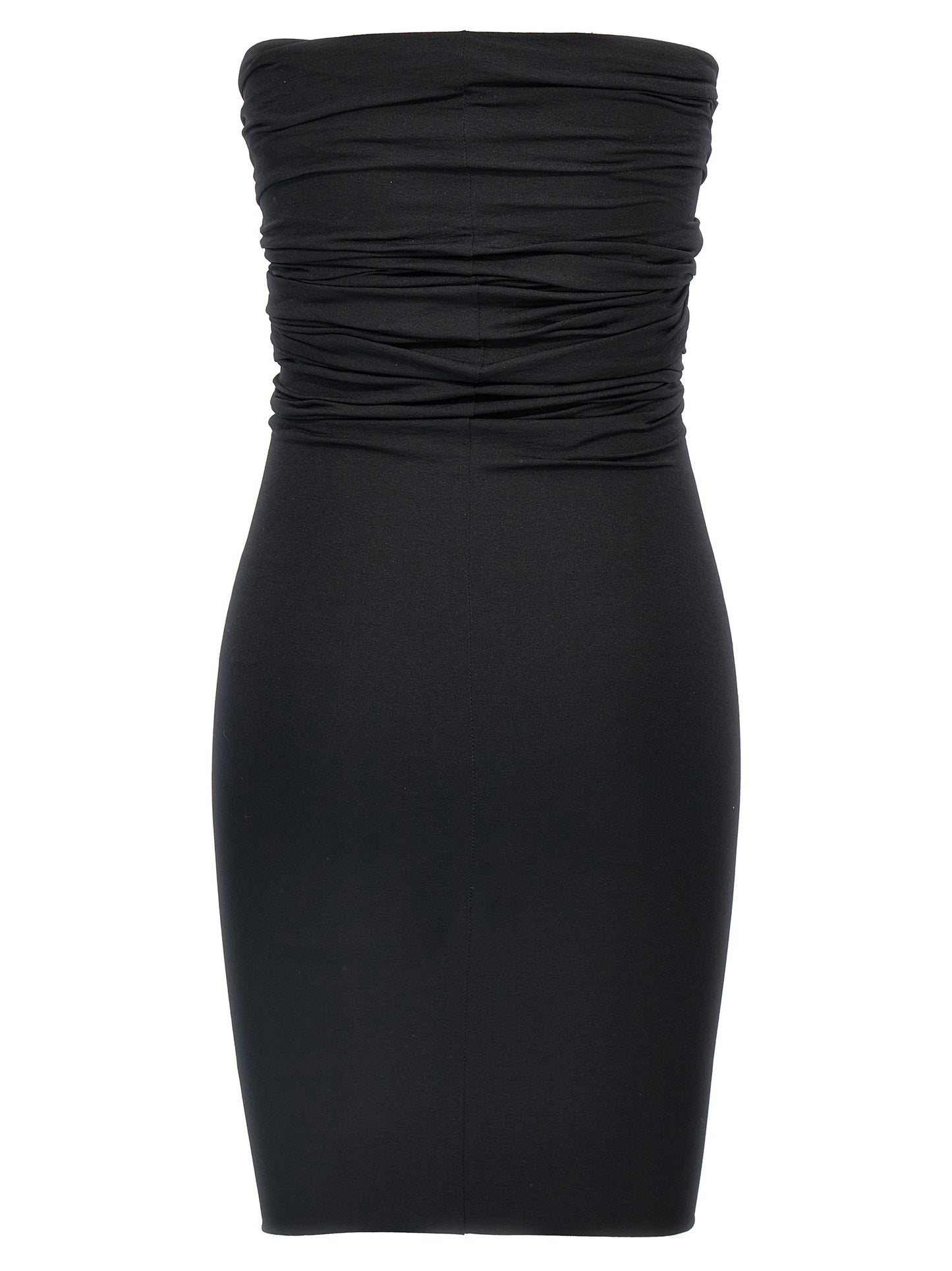 Dress by Rick Owens for women in stretch nylon black features an eye catching silhouette with a sophisticated , elegant , and a refined short mini for a eye catching aesthetic.