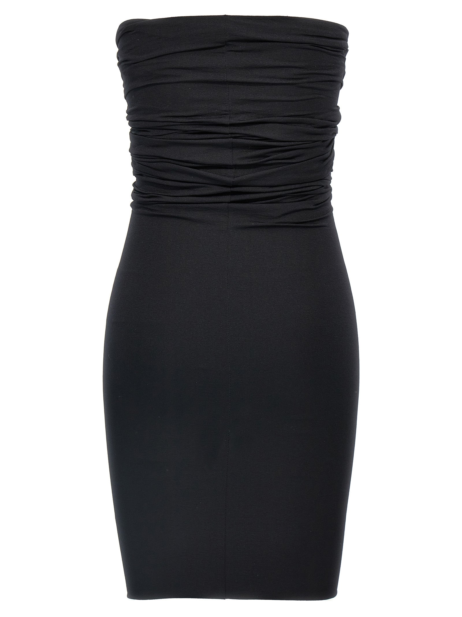 Dress by Rick Owens for women in stretch nylon black features an eye catching silhouette with a sophisticated , elegant , and a refined short mini for a eye catching aesthetic.