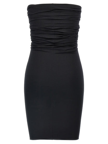 Dress by Rick Owens for women in stretch nylon black features an eye catching silhouette with a sophisticated , elegant , and a refined short mini for a eye catching aesthetic.