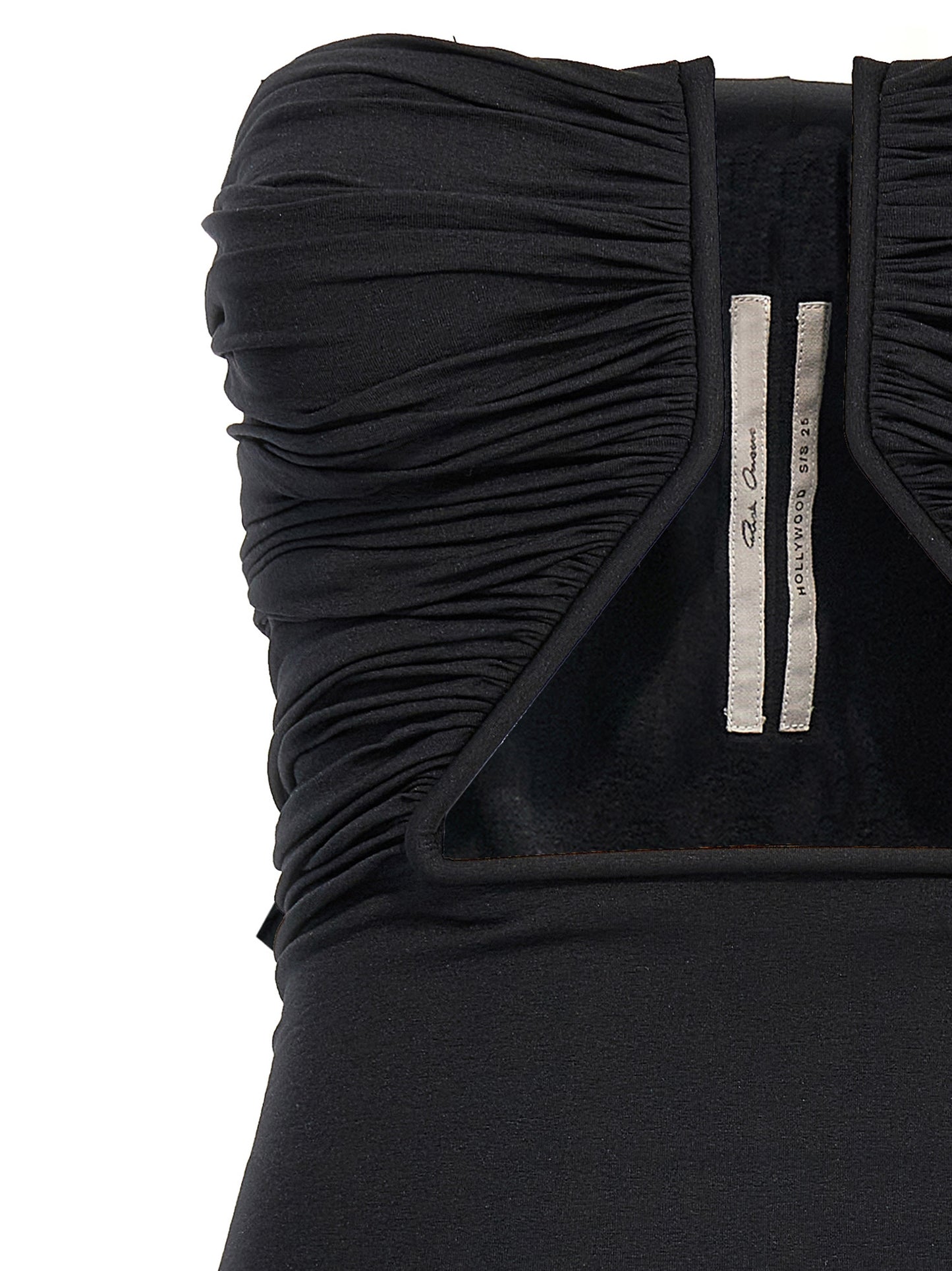 Dress by Rick Owens for women in stretch nylon black features a dramatic silhouette, showcasing an elegant and that flows into a dramatic short mini.