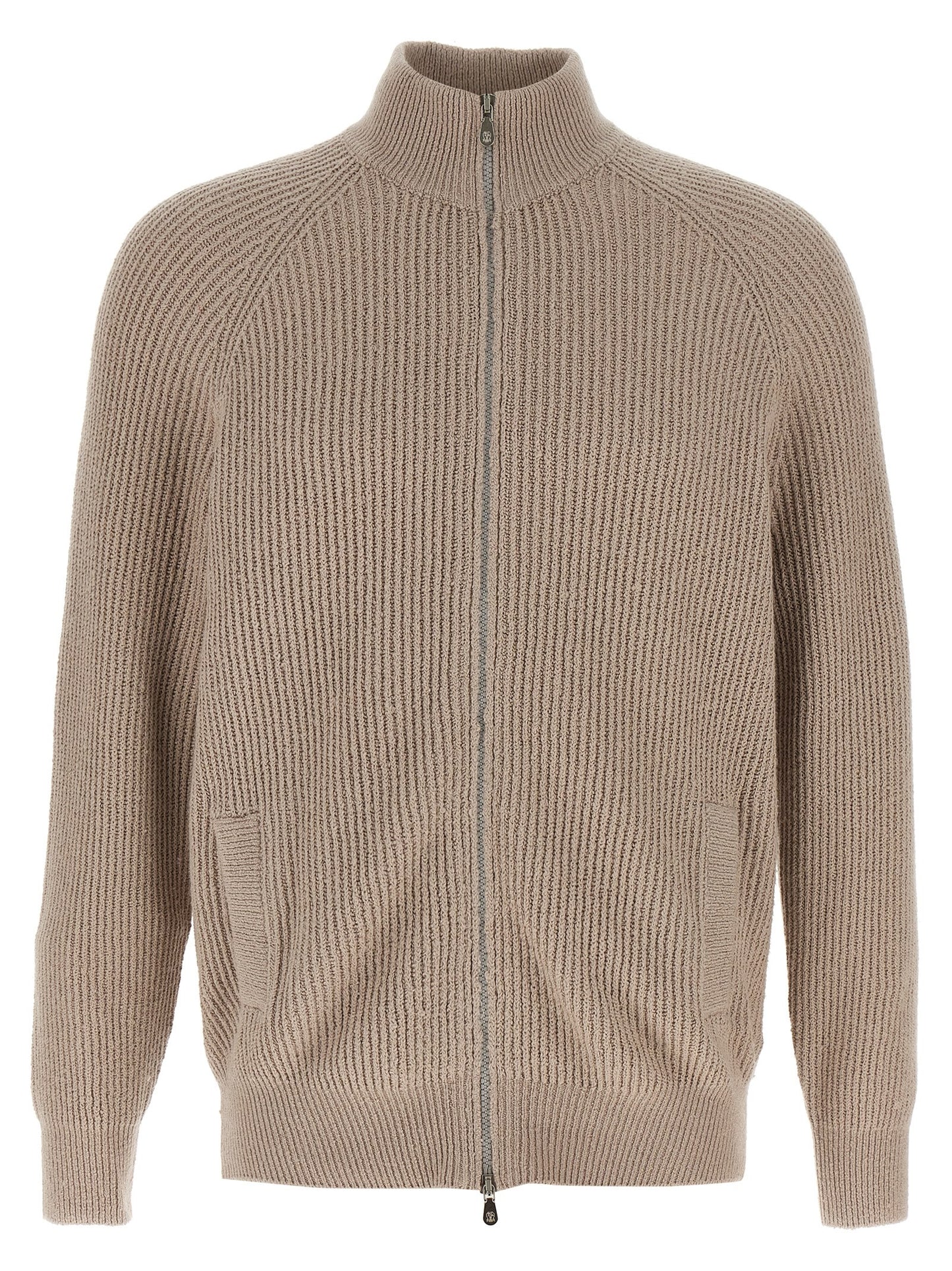 Cardigan by Brunello Cucinelli for men in cotton beige showcases a luxurious silhouette, meticulously detailed with a sophisticated high-neck neckline and for a refined finish.