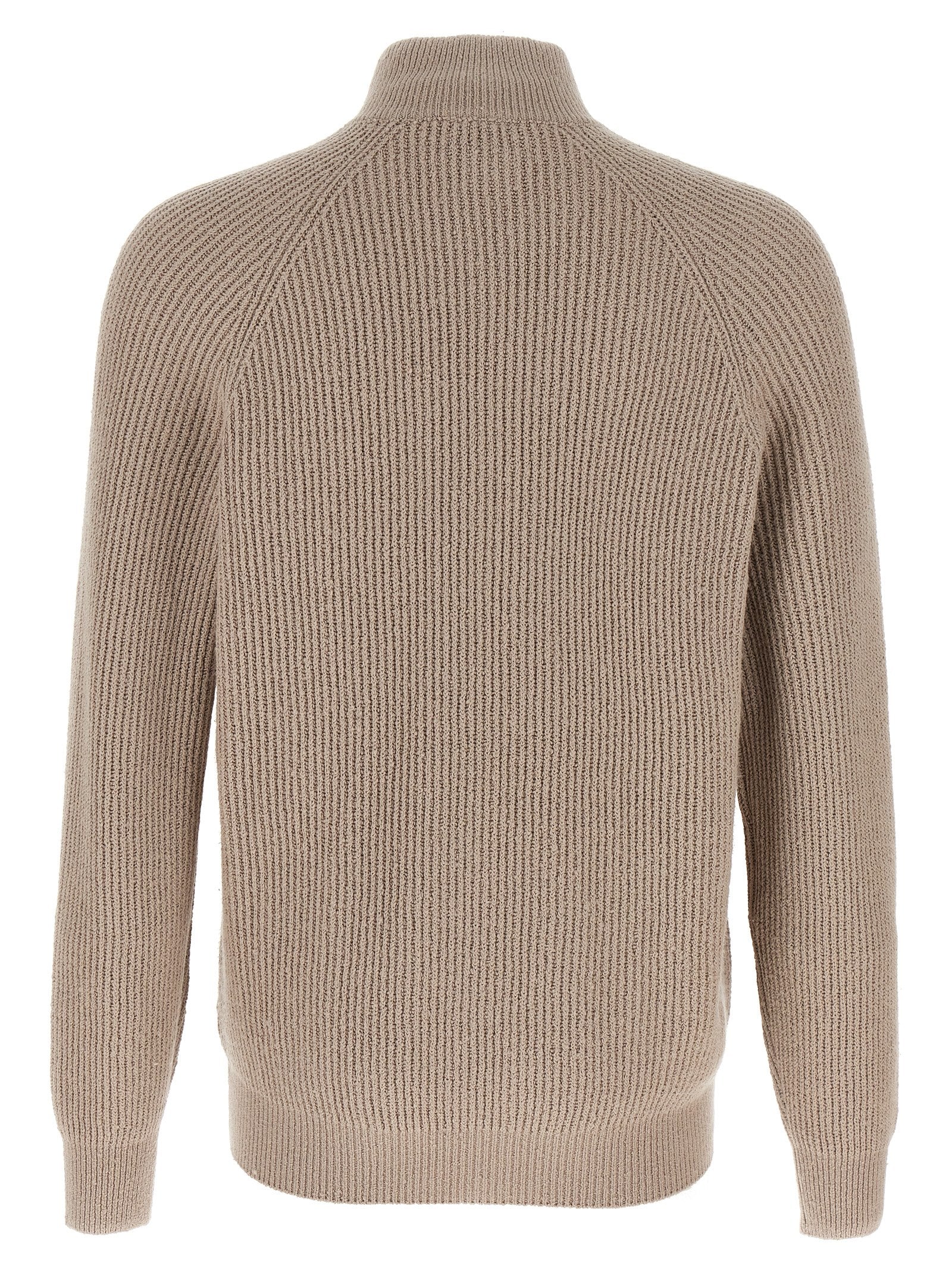 Cardigan by Brunello Cucinelli for men in cotton beige presents a textural silhouette, artfully finished with a textural high-neck neckline and for a sophisticated, textural look.