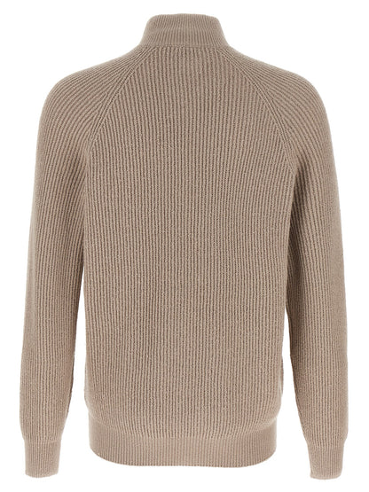 Cardigan by Brunello Cucinelli for men in cotton beige presents a textural silhouette, artfully finished with a textural high-neck neckline and for a sophisticated, textural look.