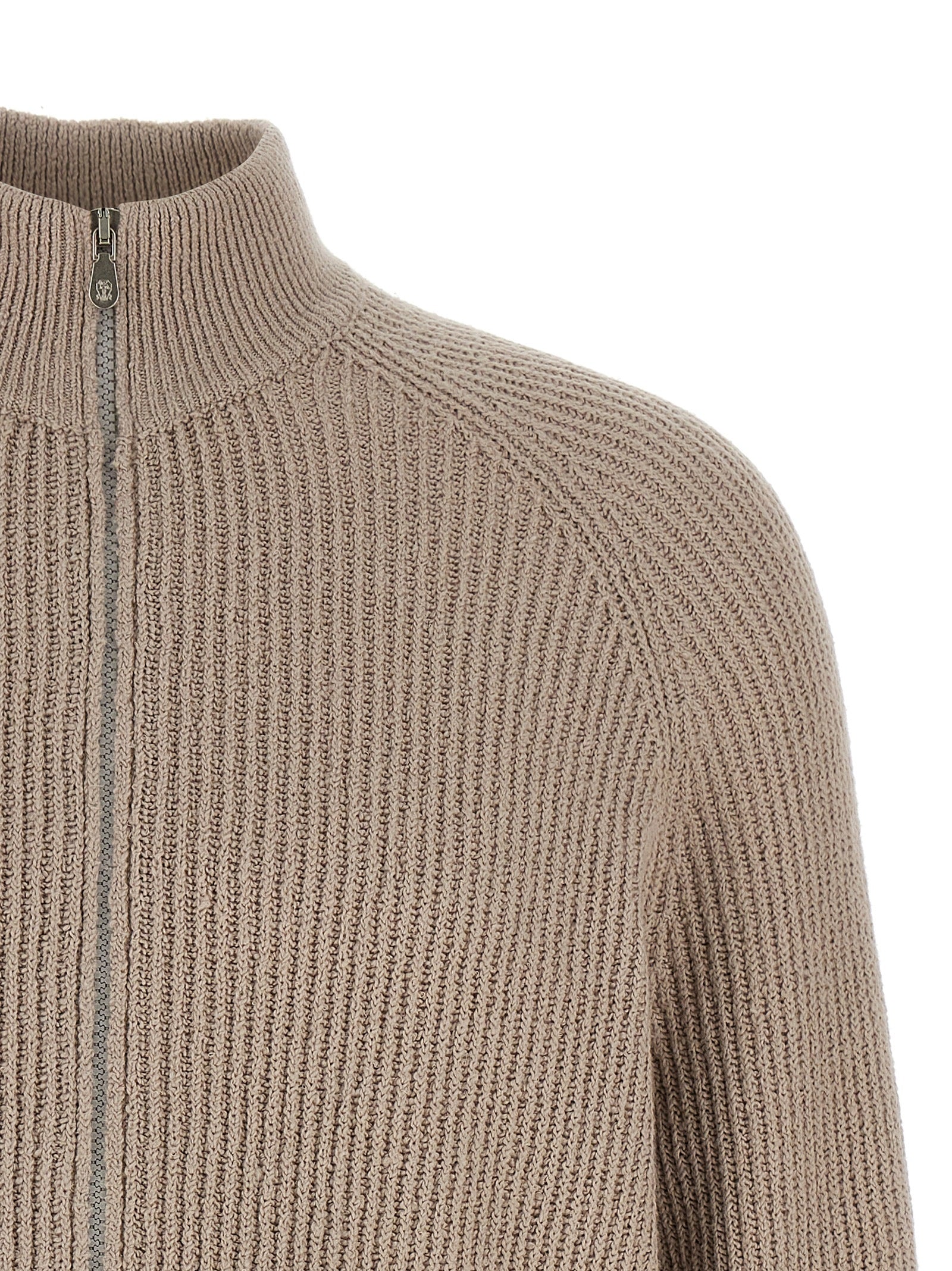 Cardigan by Brunello Cucinelli for men in cotton beige showcases a captivating silhouette, artfully detailed with a captivating and high-neck neckline for a truly sophisticated captivating look.