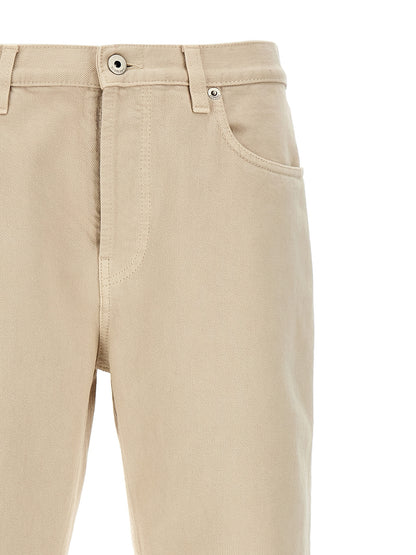Jeans by Burberry for women in denim cotton & suede leather beige features a polished silhouette with a polished straight-leg, reaching a polished long and finished with a polished .