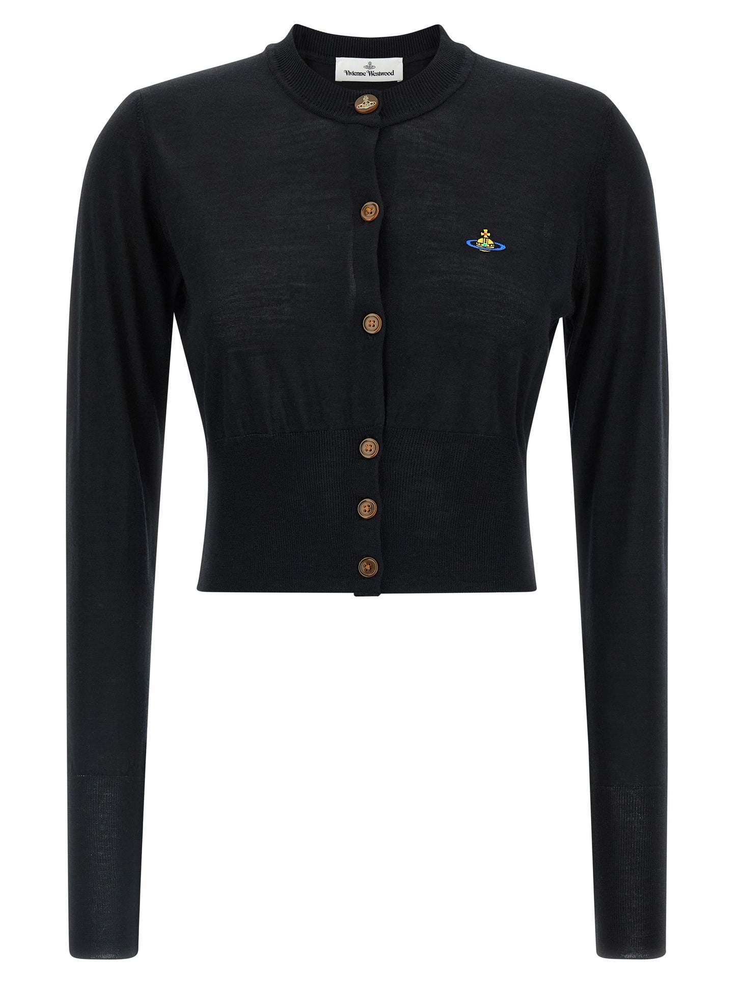 Cardigan by Vivienne Westwood for women in wool & silk black features an crisp silhouette, showcasing a sophisticated crew neckline and long-sleeve detail for a truly crisp finish.