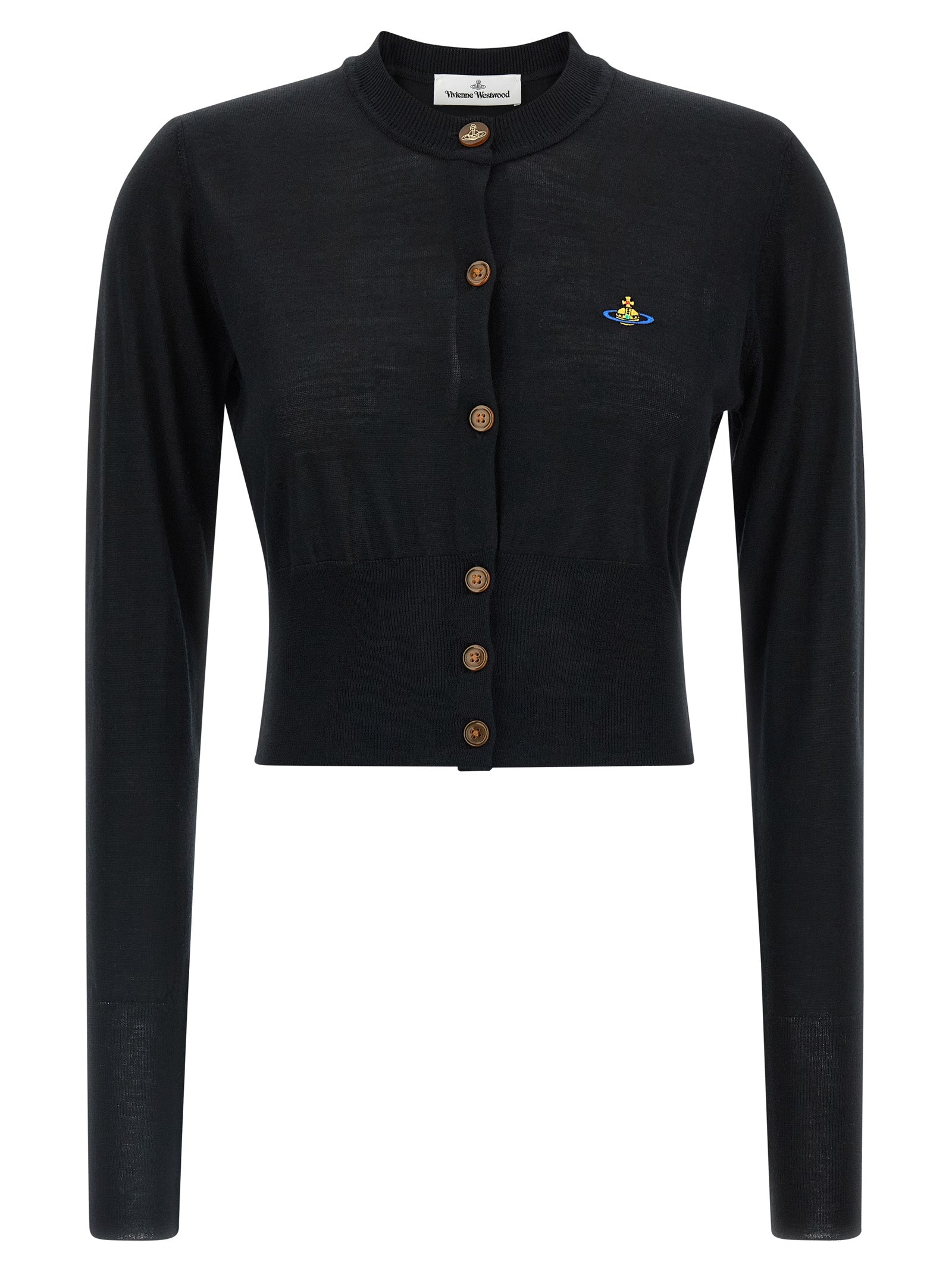 Cardigan by Vivienne Westwood for women in wool & silk black features an crisp silhouette, showcasing a sophisticated crew neckline and long-sleeve detail for a truly crisp finish.