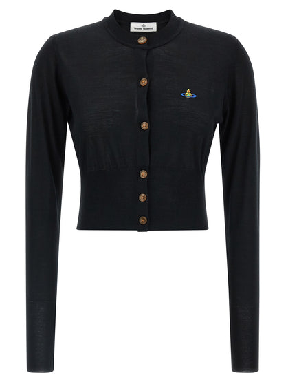 Cardigan by Vivienne Westwood for women in wool & silk black features an crisp silhouette, showcasing a sophisticated crew neckline and long-sleeve detail for a truly crisp finish.