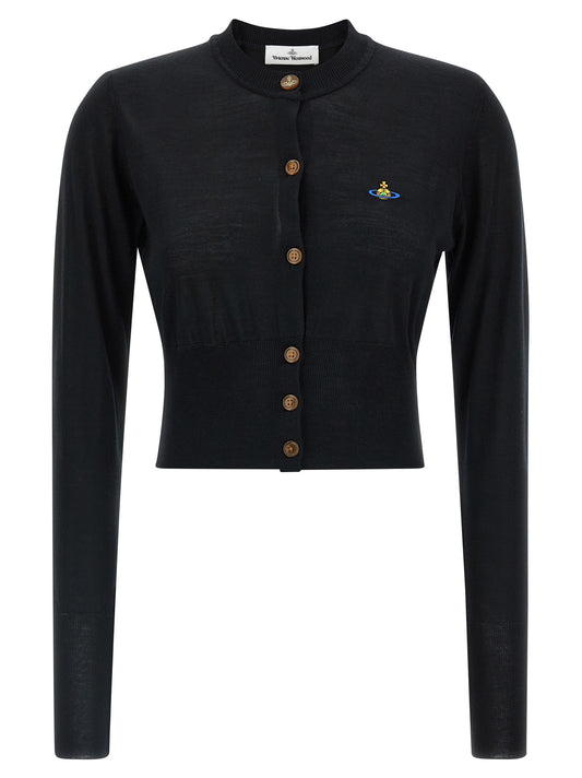 Cardigan by Vivienne Westwood for women in wool & silk black features an crisp silhouette, showcasing a sophisticated crew neckline and long-sleeve detail for a truly crisp finish.