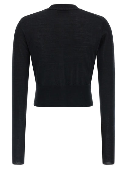 Cardigan by Vivienne Westwood for women in wool & silk black features a nuanced silhouette with a refined crew neckline and nuanced detailing for a sophisticated look.