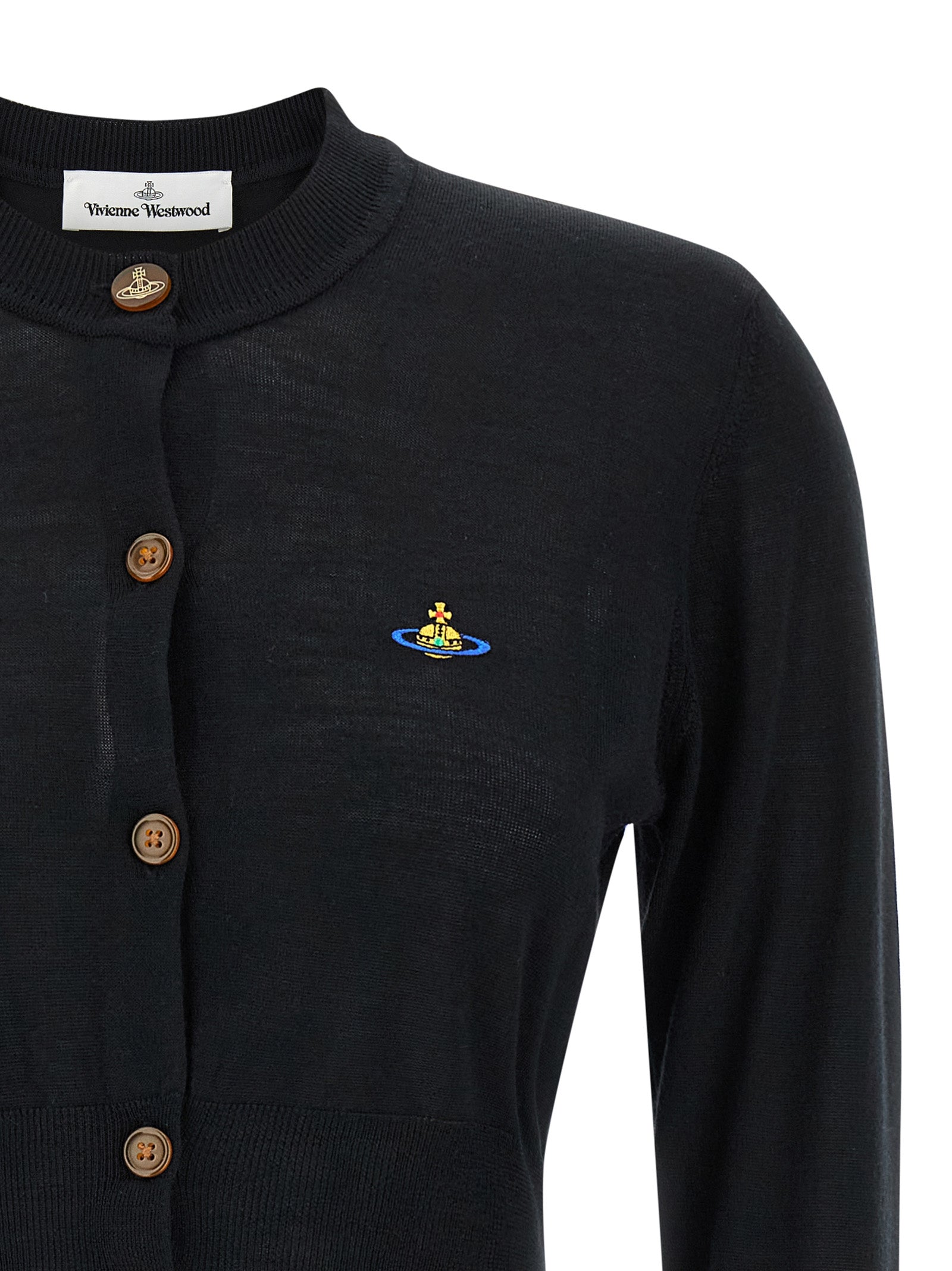Cardigan by Vivienne Westwood for women in wool & silk black showcases a captivating silhouette, artfully detailed with a captivating and crew neckline for a truly sophisticated captivating look.