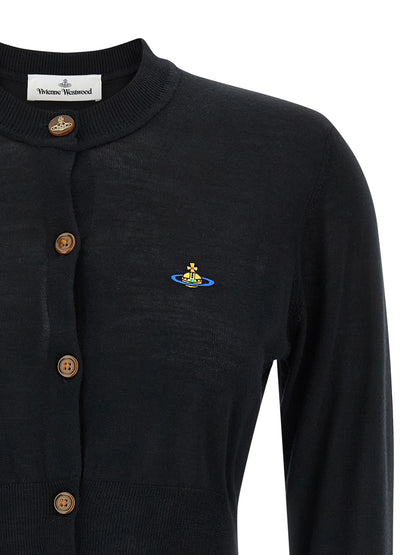 Cardigan by Vivienne Westwood for women in wool & silk black showcases a captivating silhouette, artfully detailed with a captivating and crew neckline for a truly sophisticated captivating look.