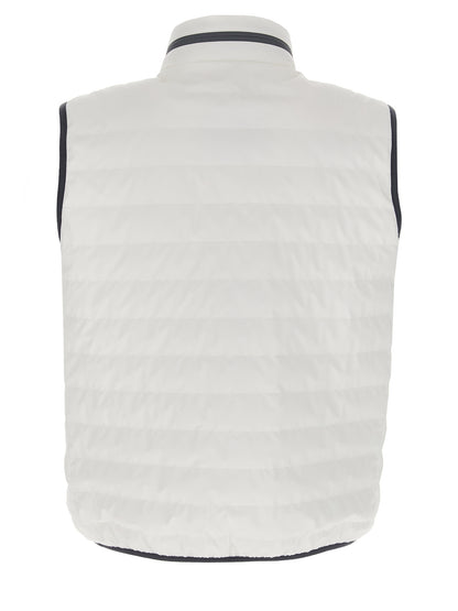 Hooded Vest by Brunello Cucinelli for men in polyamide & goose-down white features a chic silhouette, expertly detailed with a refined hooded high-neck neckline and premium pockets, hooded & insulated for a truly chic look.