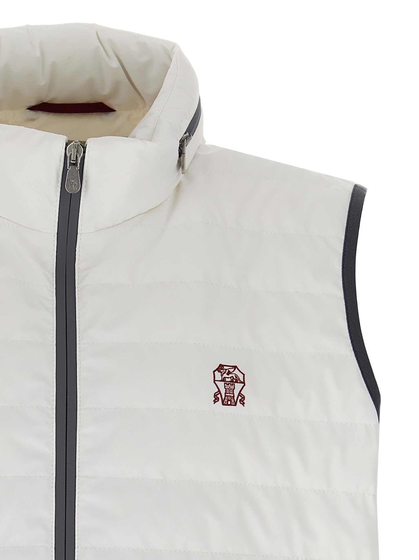 Hooded Vest by Brunello Cucinelli for men in polyamide & goose-down white showcases a dynamic silhouette, perfectly balancing pockets, hooded & insulated with a dynamic hooded high-neck neckline for a sophisticated, high-fashion look.