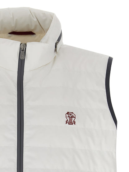 Hooded Vest by Brunello Cucinelli for men in polyamide & goose-down white showcases a dynamic silhouette, perfectly balancing pockets, hooded & insulated with a dynamic hooded high-neck neckline for a sophisticated, high-fashion look.