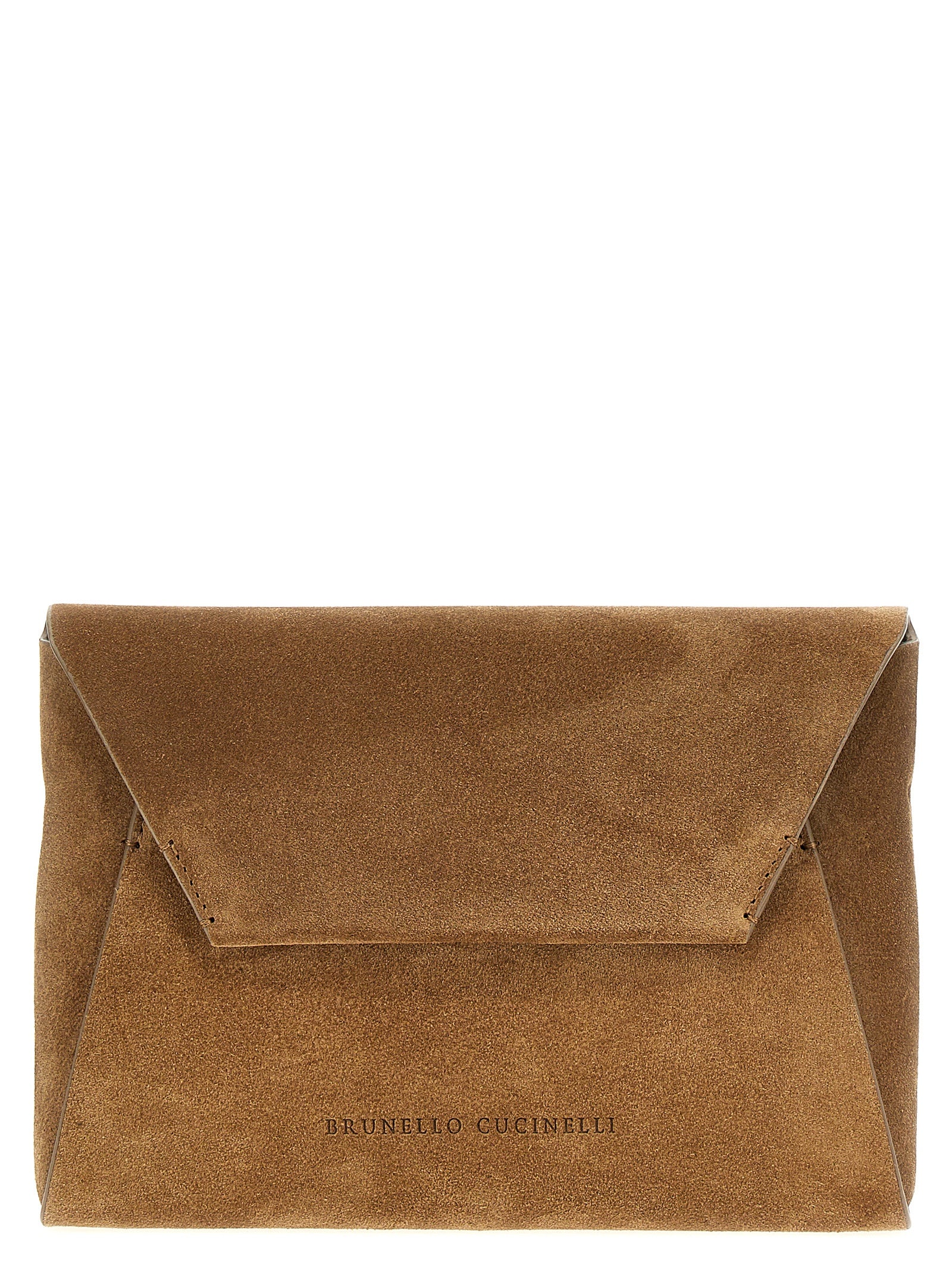 Evening Flap Clutch Handbag by Brunello Cucinelli for women in suede calfskin leather brown features a statuesque silhouette, showcasing a secure flap & magnetic and organized with versatile shoulder-strap for statuesque evening wear.