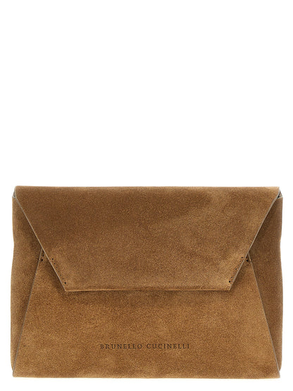 Evening Flap Clutch Handbag by Brunello Cucinelli for women in suede calfskin leather brown features a statuesque silhouette, showcasing a secure flap & magnetic and organized with versatile shoulder-strap for statuesque evening wear.