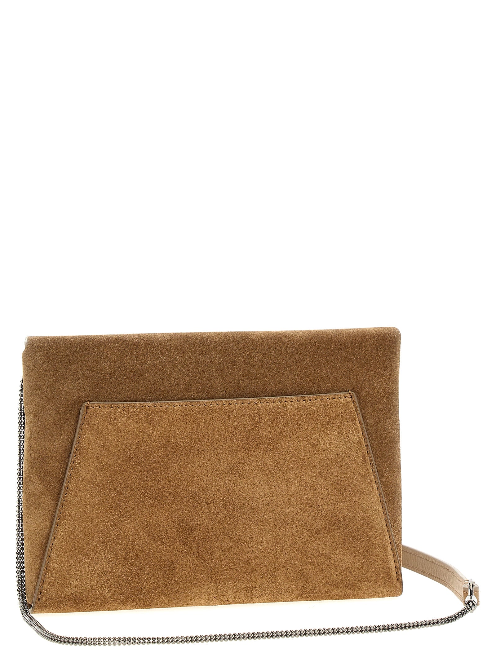 Evening Flap Clutch Handbag by Brunello Cucinelli for women in suede calfskin leather brown features an sculptural silhouette, showcasing a secure flap & magnetic and sculptural with versatile shoulder-strap for a sophisticated look.