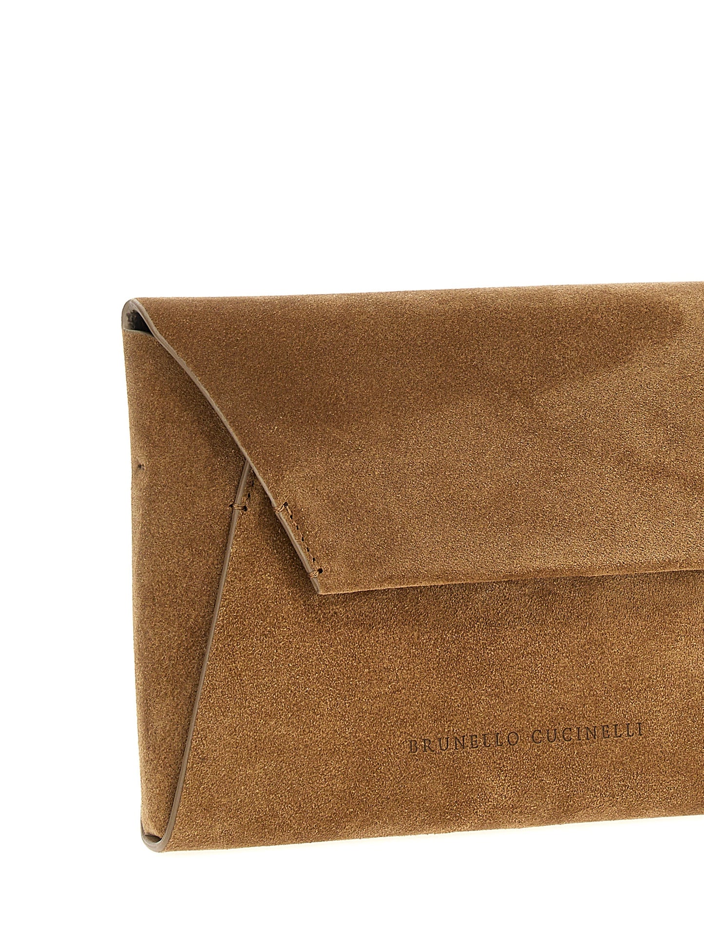 Evening Flap Clutch Handbag by Brunello Cucinelli for women in suede calfskin leather brown features a sculptural silhouette with a secure flap & magnetic, organized , and versatile shoulder-strap for a sculptural finish.