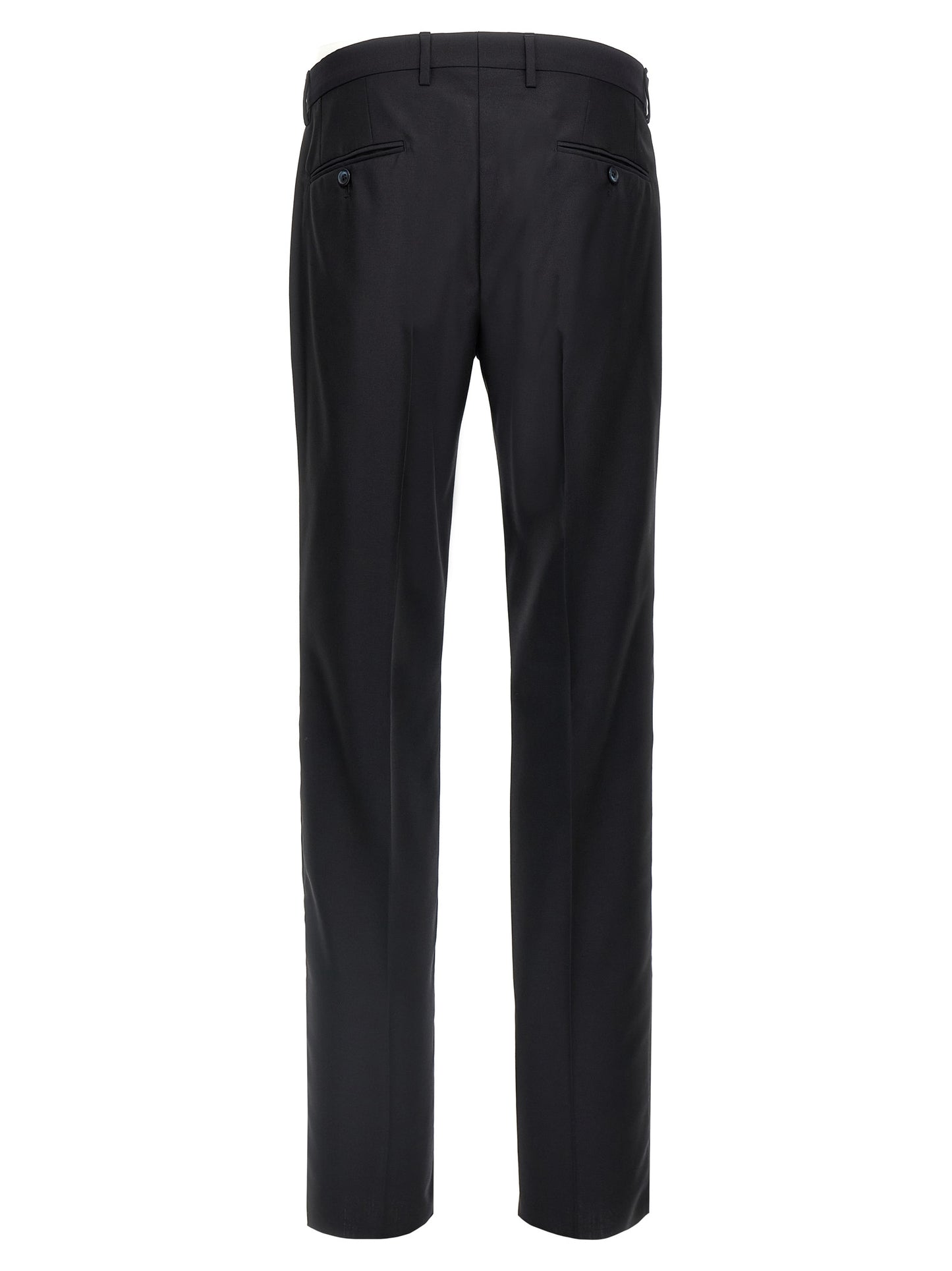 Pant Suit by Dolce & Gabbana for men in silk canvas & virgin wool blue showcases a sartorial silhouette, artfully detailed with a sophisticated and a sartorial straight-leg for a refined, high-fashion aesthetic.