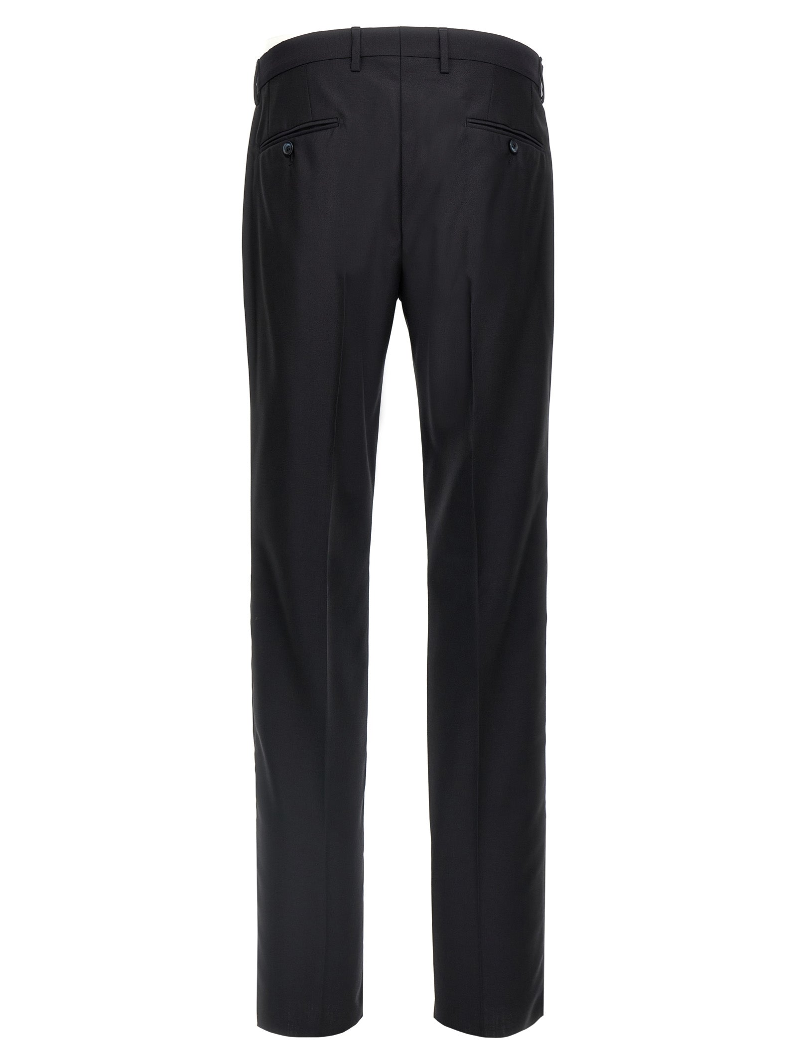 Pant Suit by Dolce & Gabbana for men in silk canvas & virgin wool blue showcases a sartorial silhouette, artfully detailed with a sophisticated and a sartorial straight-leg for a refined, high-fashion aesthetic.