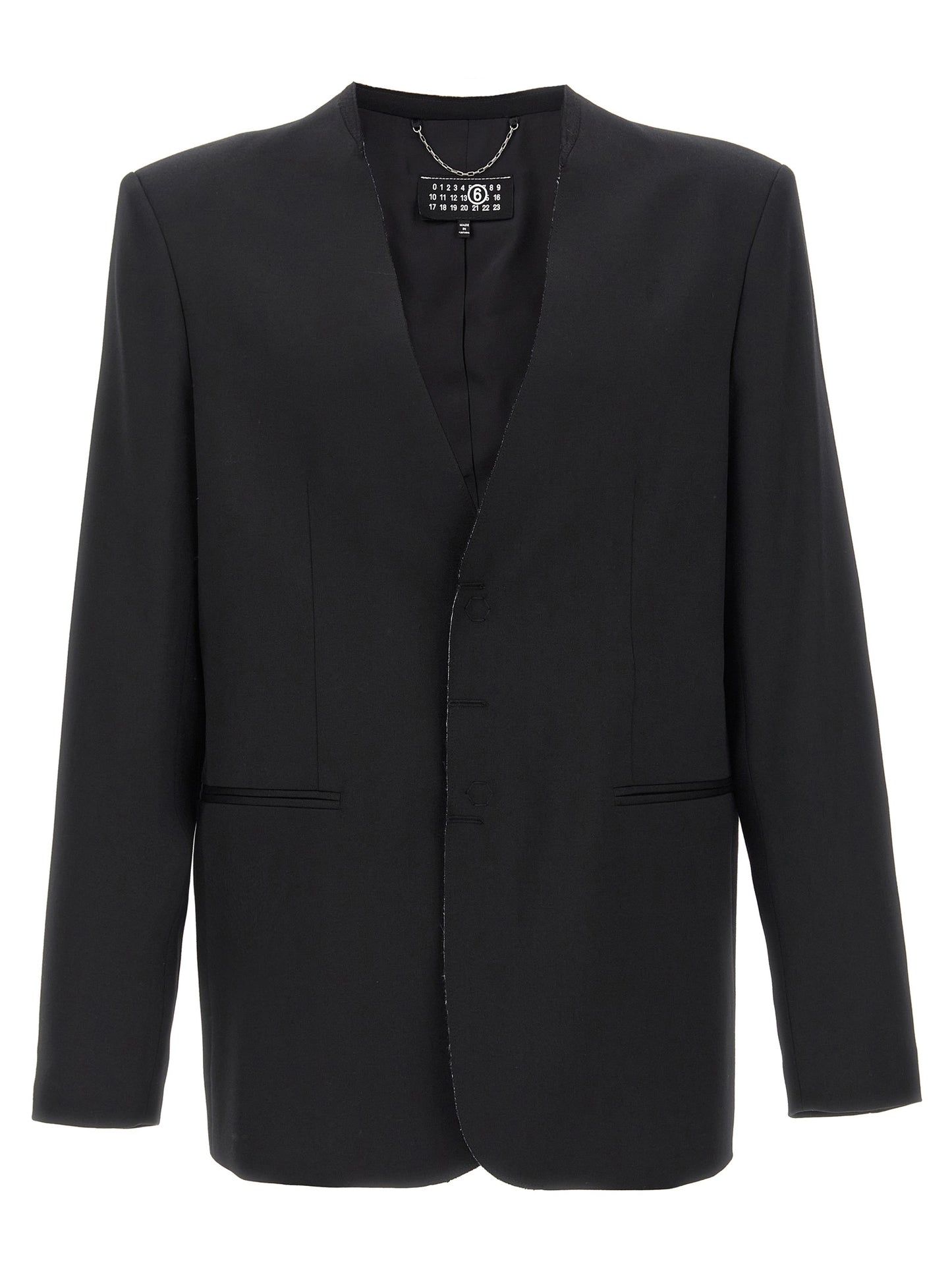 Blazer by MM6 Maison Margiela for men in polyester & virgin wool black & white showcases a discerning silhouette, elegantly detailed with a sophisticated and premium for a truly discerning finish.