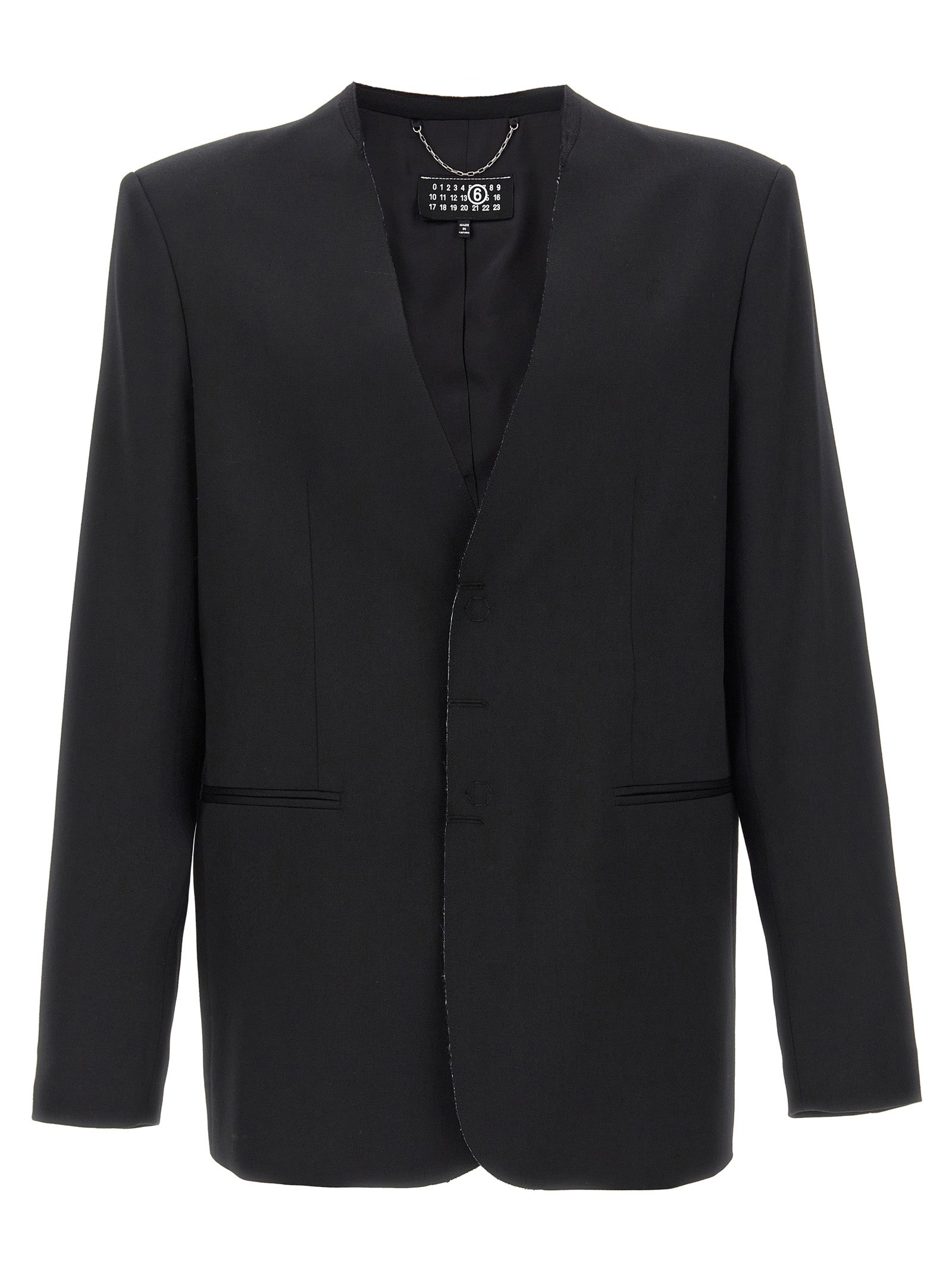 Blazer by MM6 Maison Margiela for men in polyester & virgin wool black & white showcases a discerning silhouette, elegantly detailed with a sophisticated and premium for a truly discerning finish.