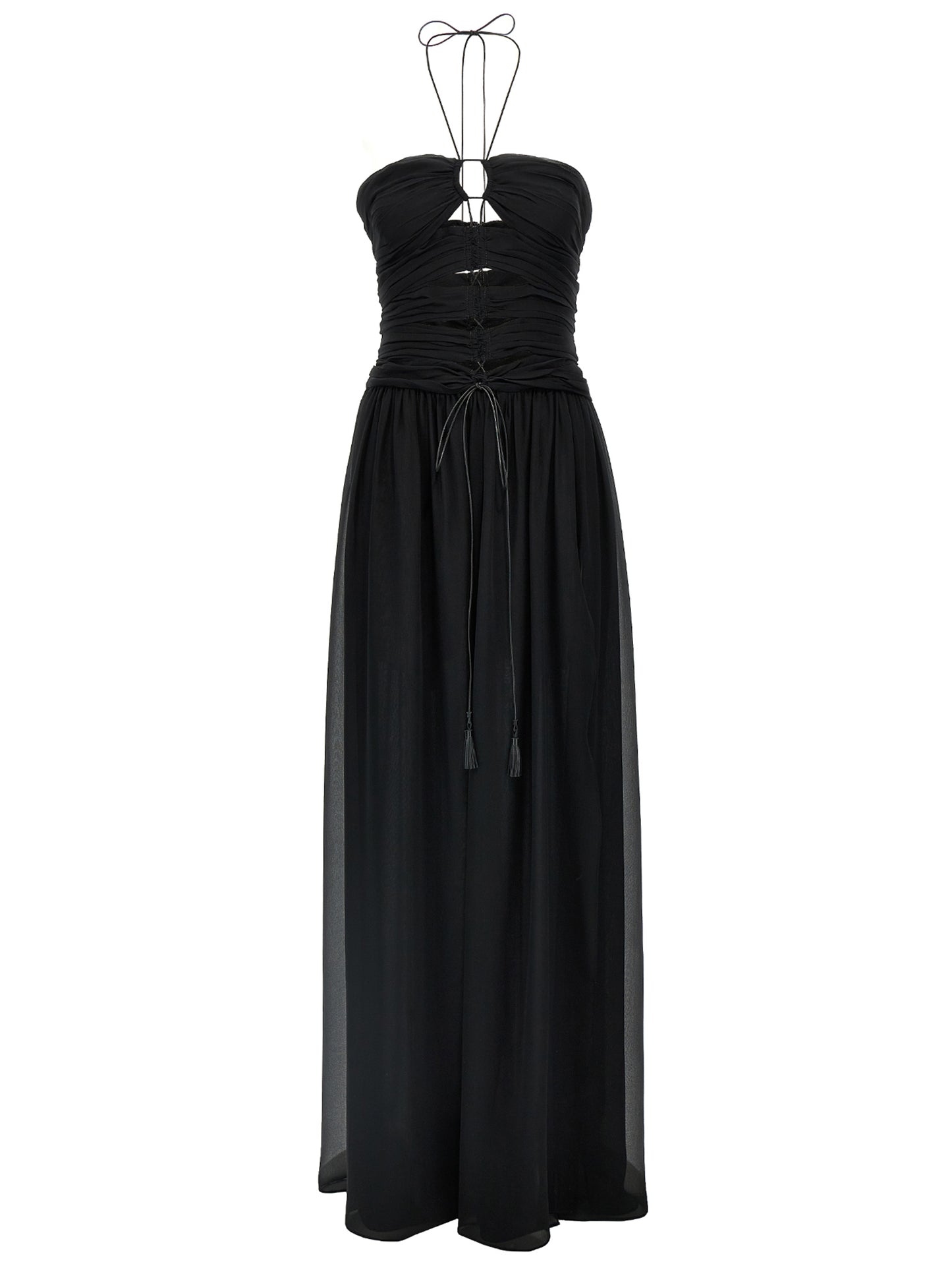 Dress by Tom Ford for women in silk black features a dramatic silhouette, showcasing an elegant and that flows into a dramatic maxi long.