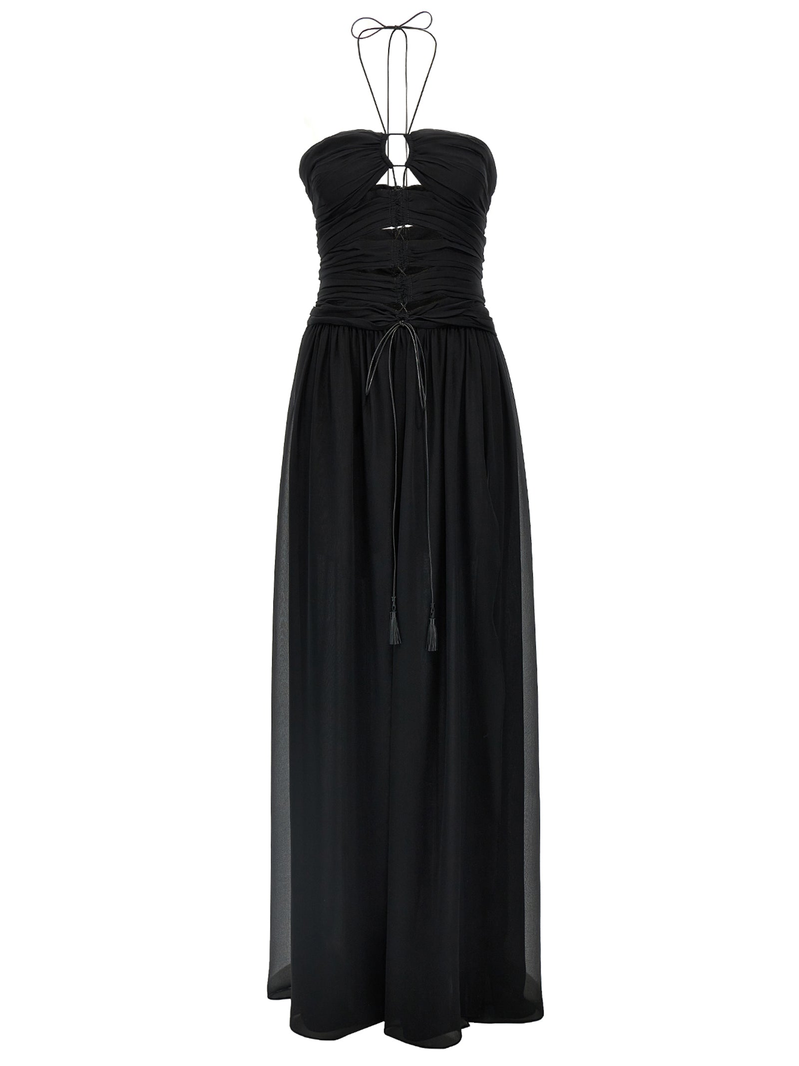 Dress by Tom Ford for women in silk black features a dramatic silhouette, showcasing an elegant and that flows into a dramatic maxi long.