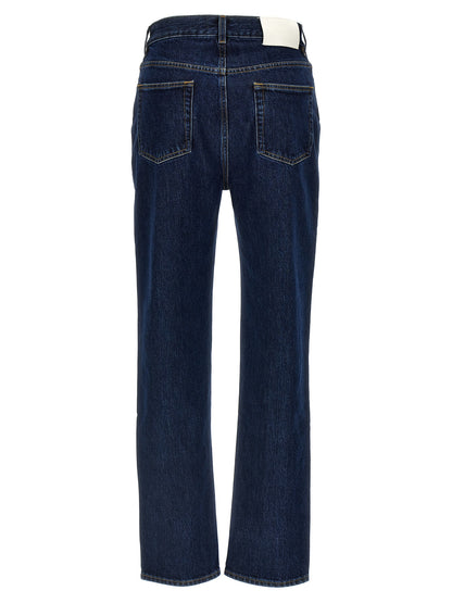 Jeans by Loulou De Saison for women in organic denim cotton & leather blue features an sophisticated high rise and straight-leg with a precise long, creating a sophisticated and sophisticated silhouette.