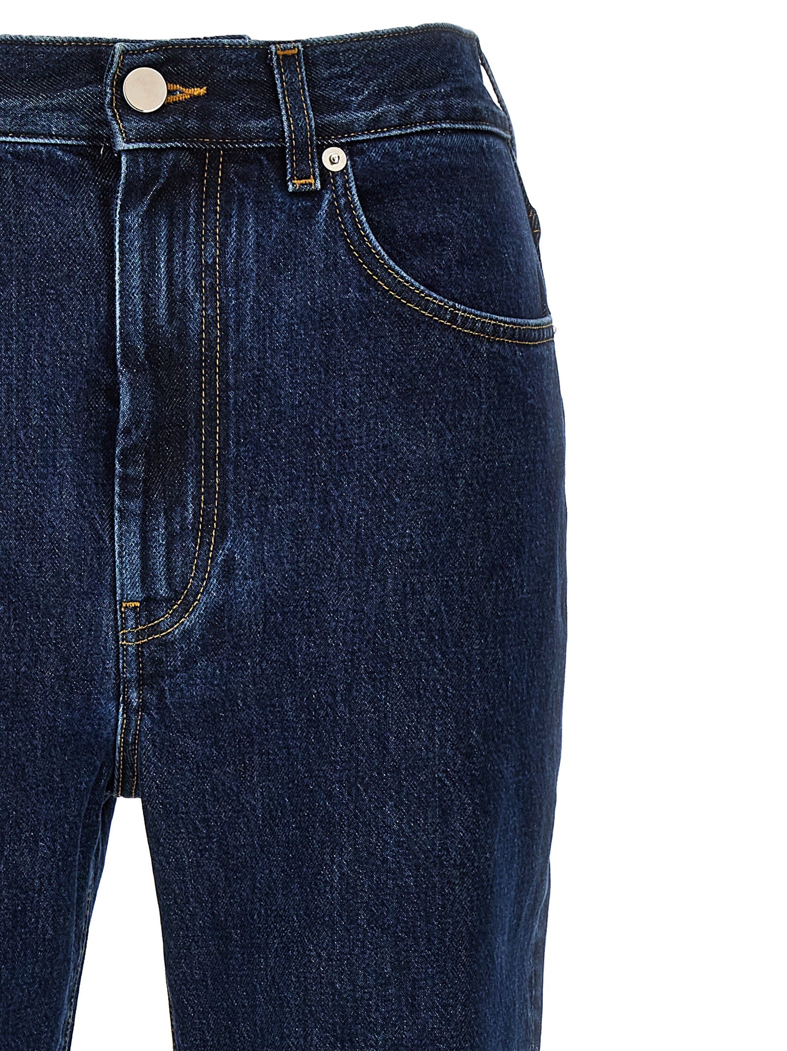 Jeans by Loulou De Saison for women in organic denim cotton & leather blue features a polished silhouette with a polished straight-leg, reaching a polished long and finished with a polished high rise.