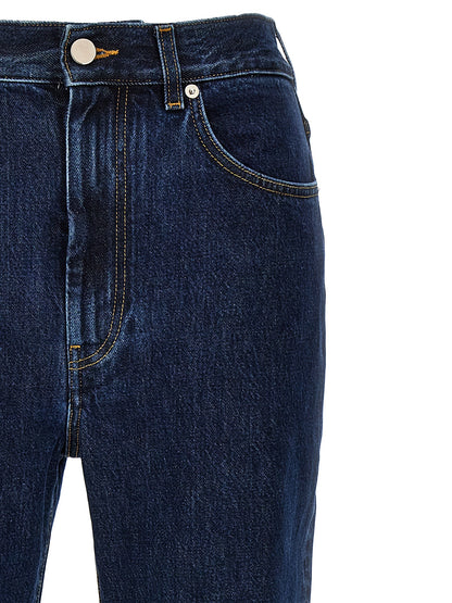 Jeans by Loulou De Saison for women in organic denim cotton & leather blue features a polished silhouette with a polished straight-leg, reaching a polished long and finished with a polished high rise.