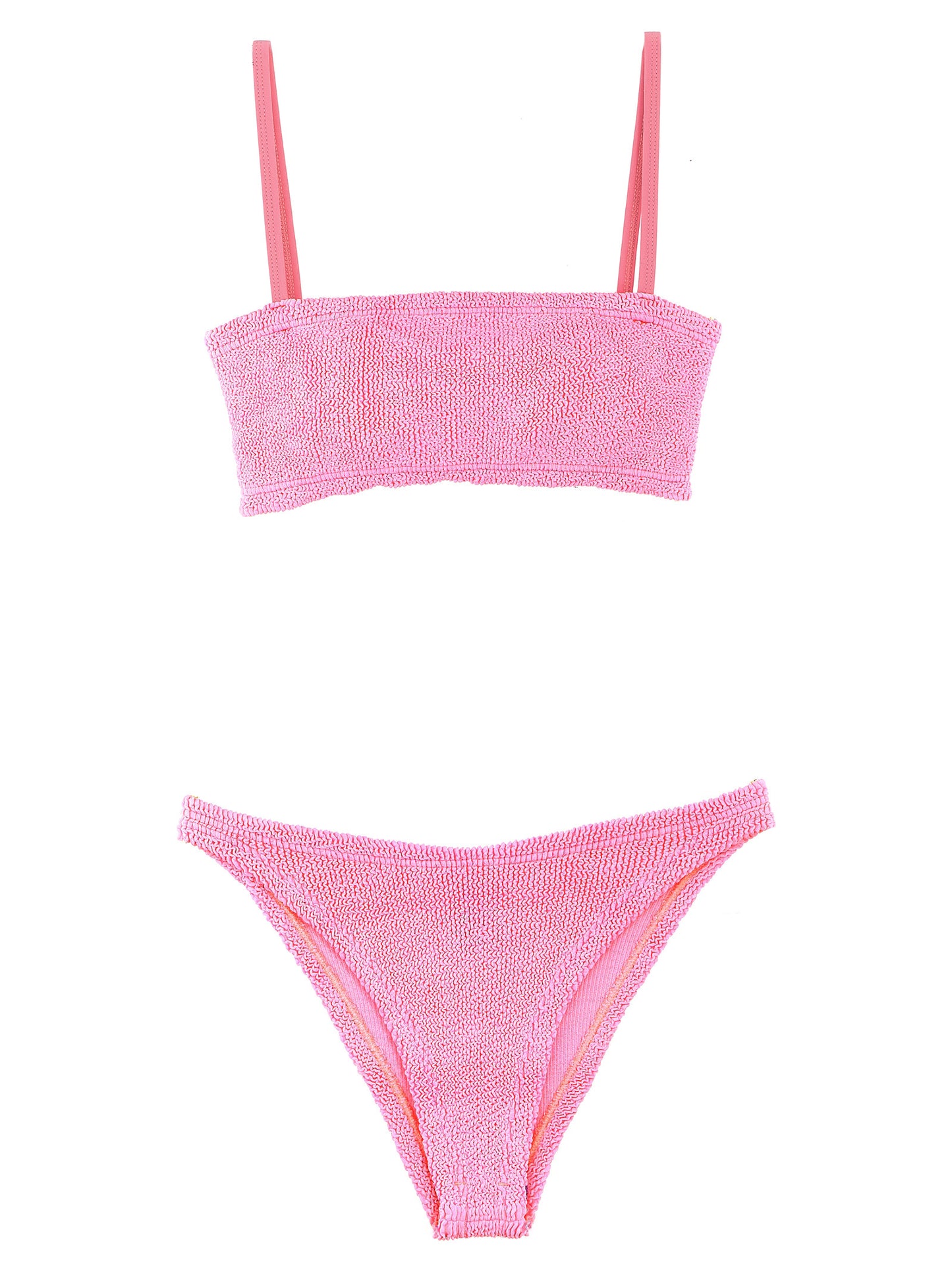 This Bikini by Hunza G for women in stretch polyamide multicolor & pink features a beach chic silhouette from the Gigi Women's Stretch Polyamide Bikini collection, showcasing a beach chic cut for a refined poolside look.