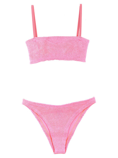 This Bikini by Hunza G for women in stretch polyamide multicolor & pink features a beach chic silhouette from the Gigi Women's Stretch Polyamide Bikini collection, showcasing a beach chic cut for a refined poolside look.