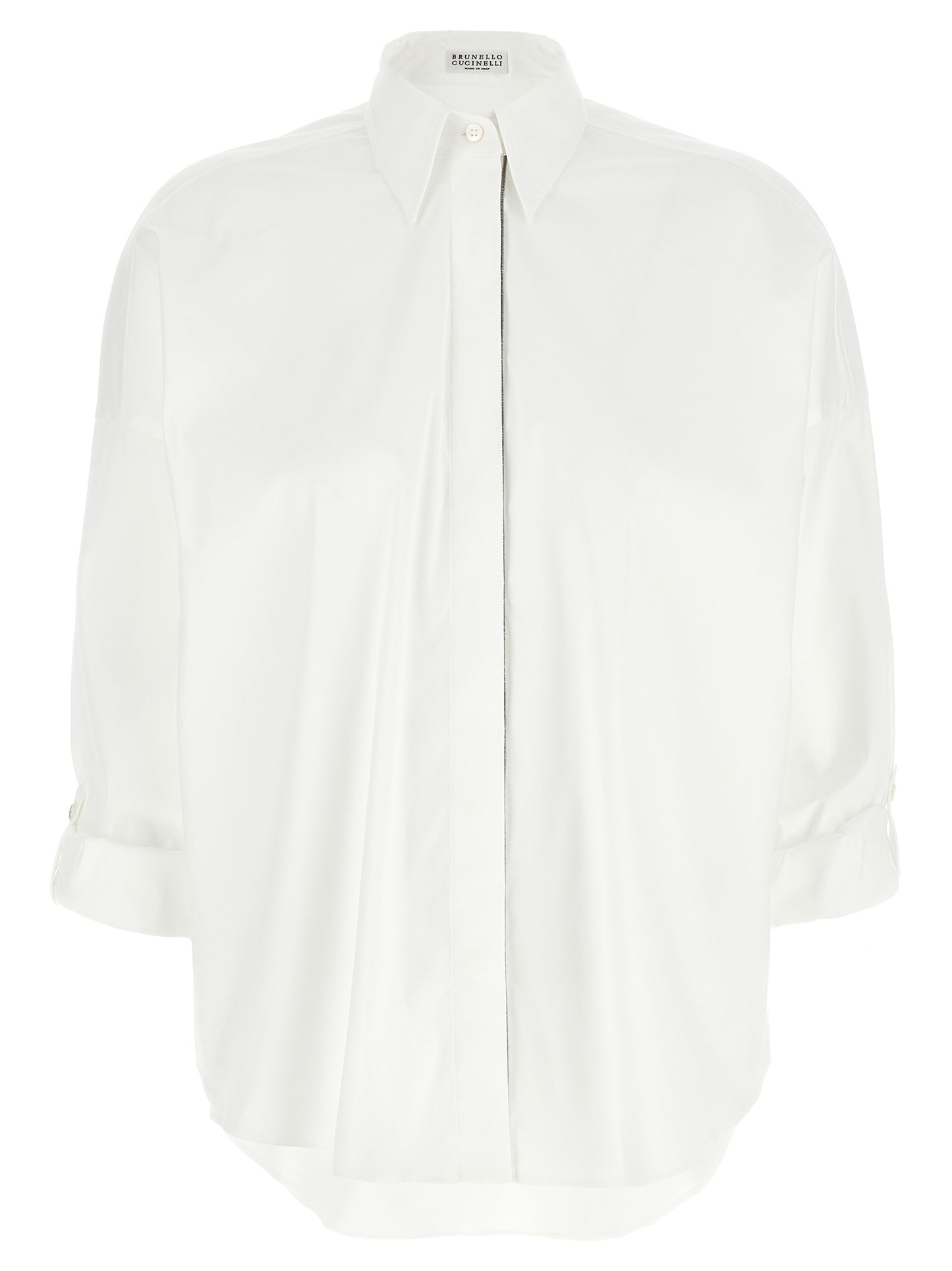 Blouse by Brunello Cucinelli for women in stretch polyamide cotton white & signature showcases a sublime silhouette, artfully detailed with a sublime and long-sleeve for a sophisticated, sublime finish.