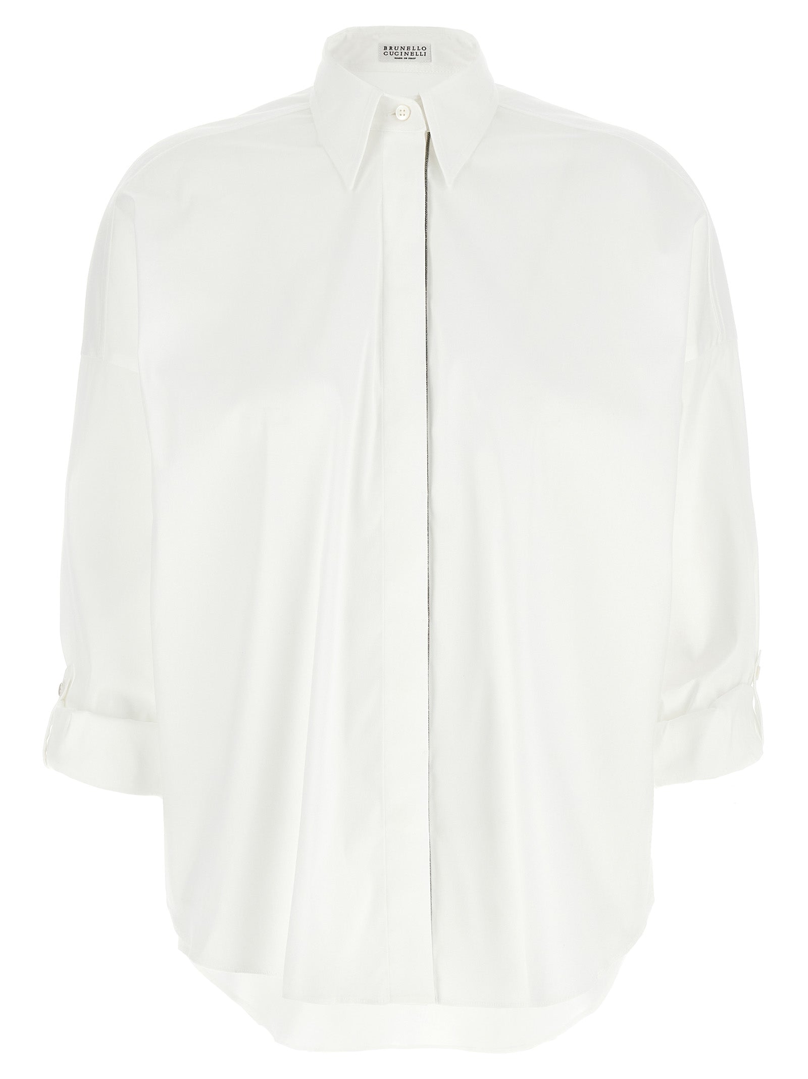 Blouse by Brunello Cucinelli for women in stretch polyamide cotton white & signature showcases a sublime silhouette, artfully detailed with a sublime and long-sleeve for a sophisticated, sublime finish.