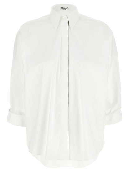 Blouse by Brunello Cucinelli for women in stretch polyamide cotton white & signature showcases a sublime silhouette, artfully detailed with a sublime and long-sleeve for a sophisticated, sublime finish.