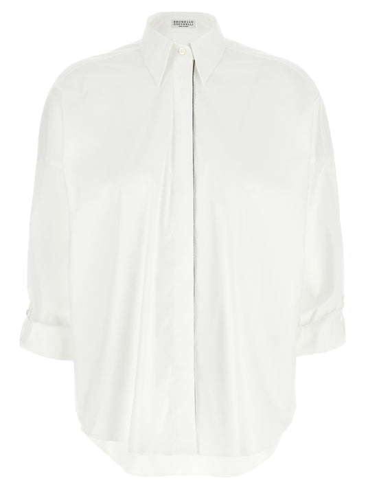 Blouse by Brunello Cucinelli for women in stretch polyamide cotton white & signature showcases a sublime silhouette, artfully detailed with a sublime and long-sleeve for a sophisticated, sublime finish.