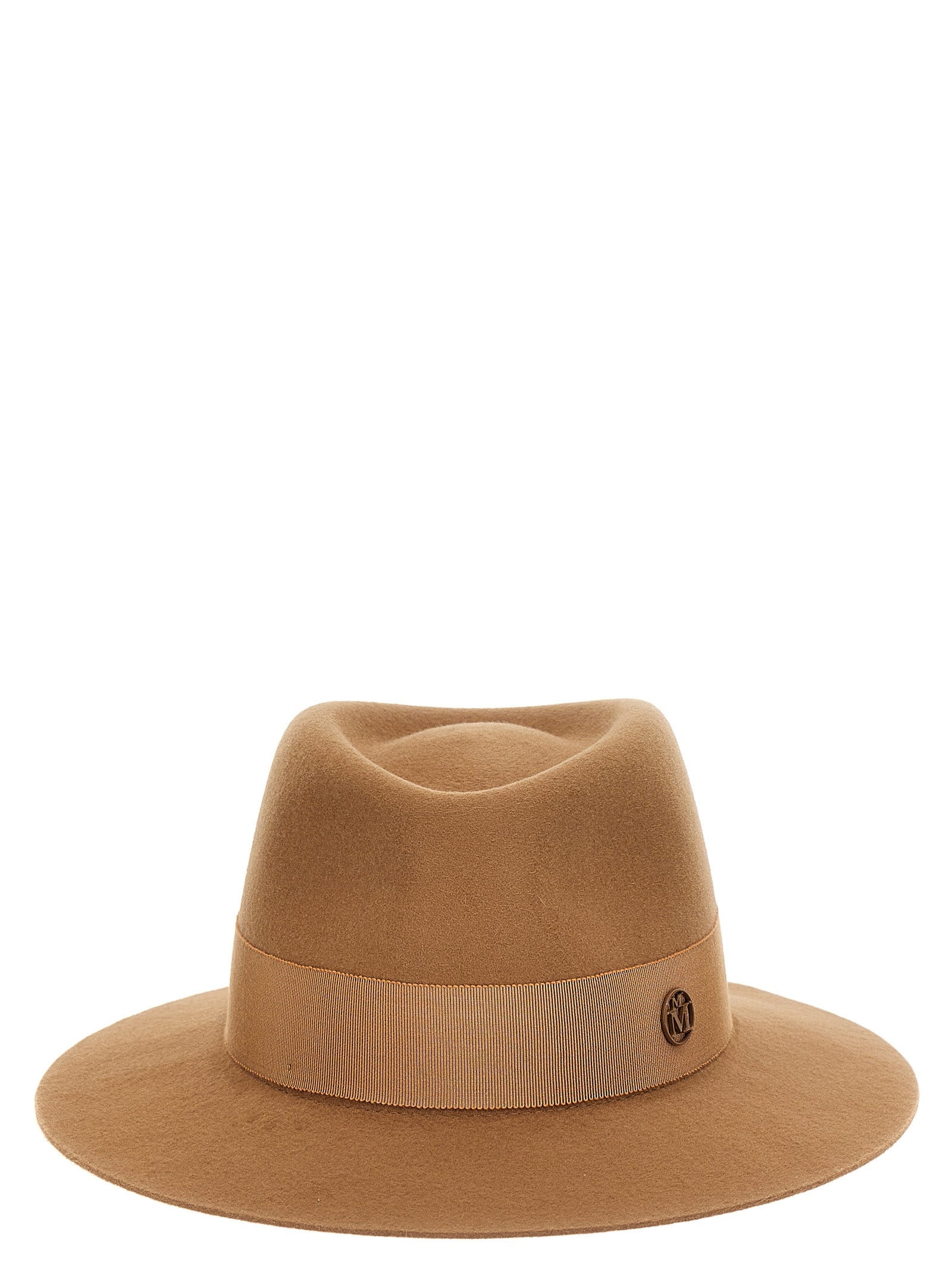 Fedora by Maison Michel for women in wool felt brown showcases a contemporary chic silhouette, artfully capturing the essence of the contemporary chic Fedora Ribbon Wool Felt design for a sophisticated look.