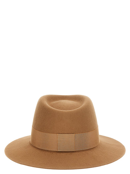 Fedora by Maison Michel for women in wool felt brown features an avant-garde silhouette, showcasing the sophisticated design of the Fedora Ribbon Wool Felt with an avant-garde finish.