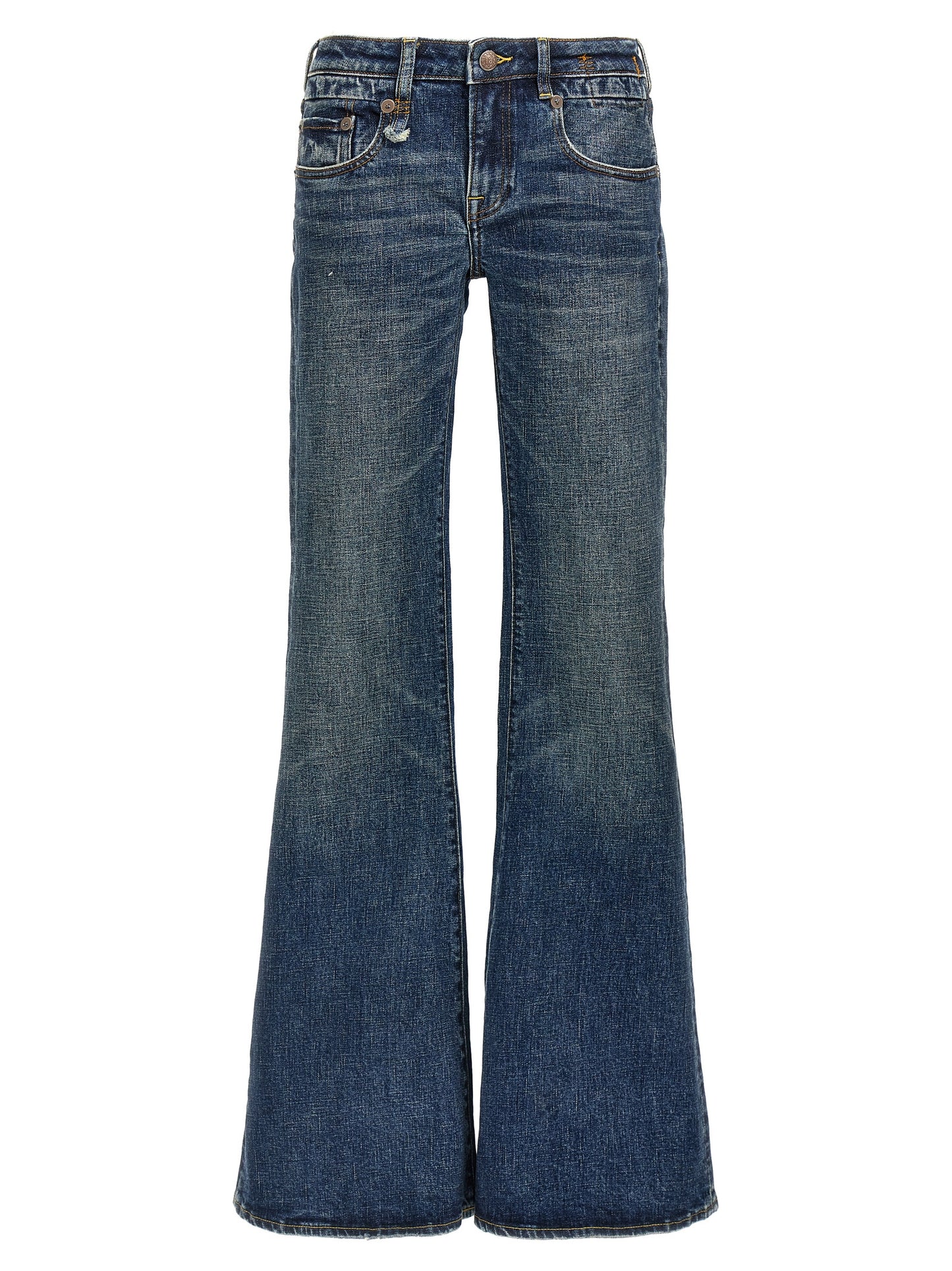 Jeans by R13 for women in denim cotton blue features an sartorial flared and long with a low rise cut for a sartorial finish.
