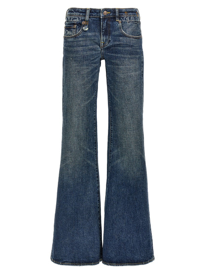 Jeans by R13 for women in denim cotton blue features an sartorial flared and long with a low rise cut for a sartorial finish.