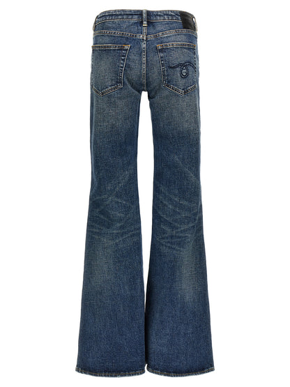 Jeans by R13 for women in denim cotton blue features an refined tailoring silhouette, showcasing a premium flared with a low rise and long cut for a refined tailoring look.