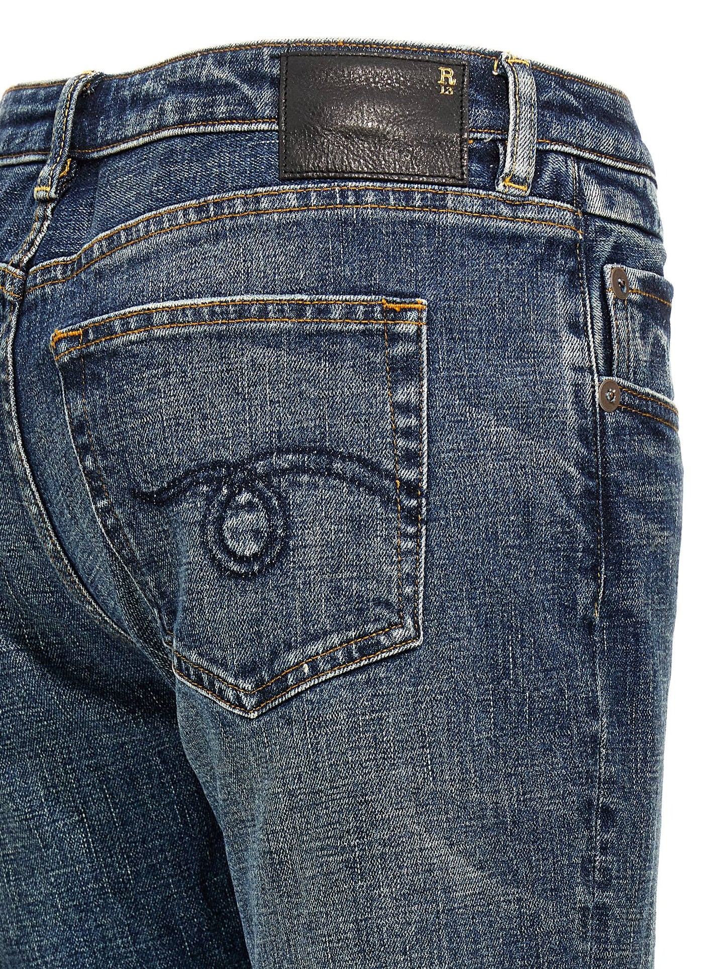 Jeans by R13 for women in denim cotton blue presents a refined pantology silhouette, artfully defined by a refined pantology flared, long, and a sophisticated low rise.