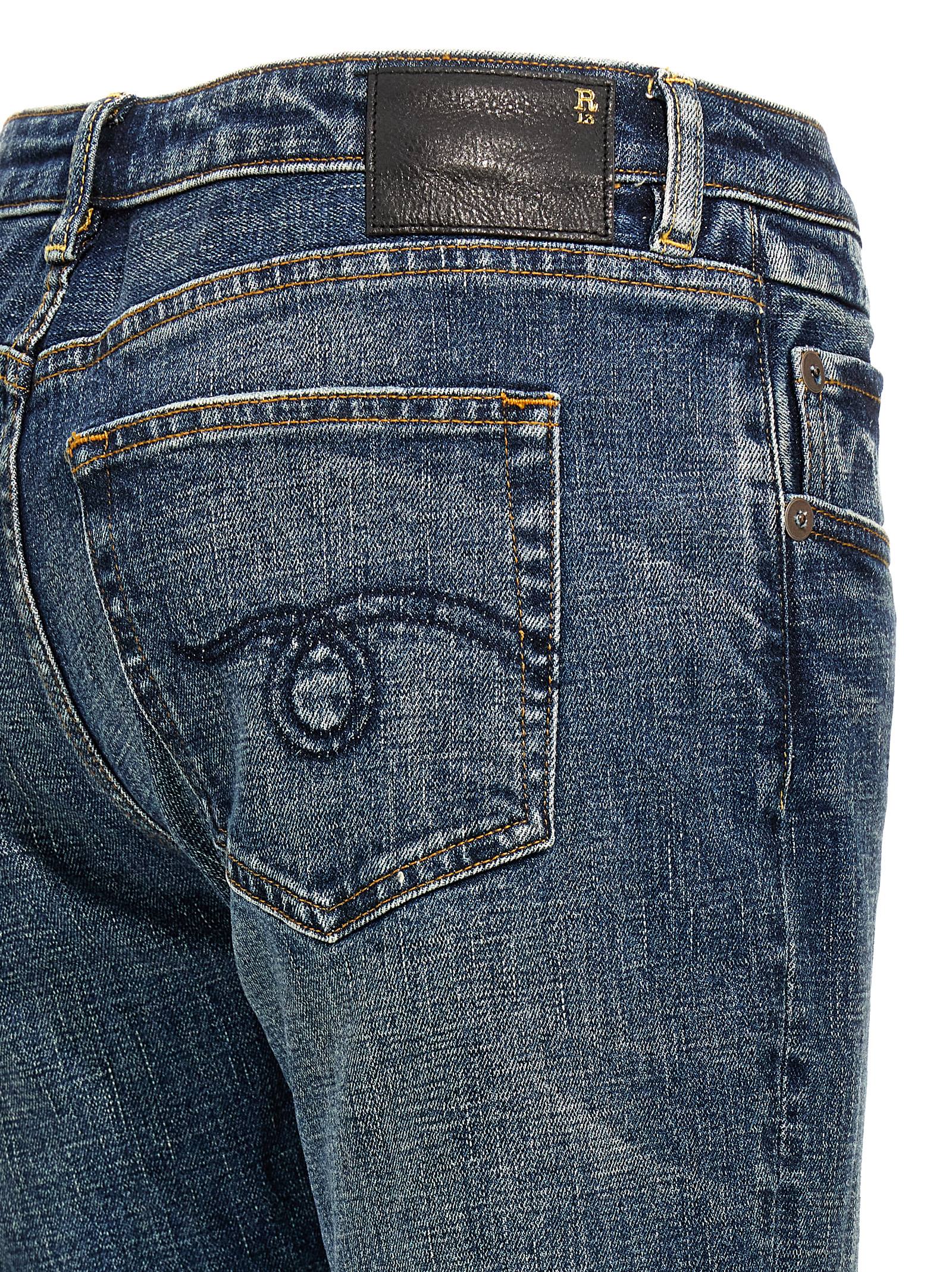 Jeans by R13 for women in denim cotton blue presents a refined pantology silhouette, artfully defined by a refined pantology flared, long, and a sophisticated low rise.