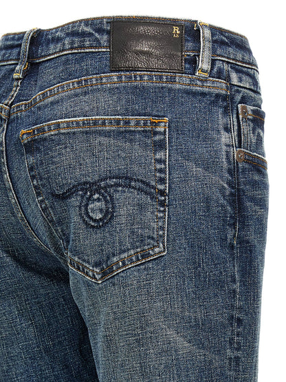 Jeans by R13 for women in denim cotton blue presents a refined pantology silhouette, artfully defined by a refined pantology flared, long, and a sophisticated low rise.