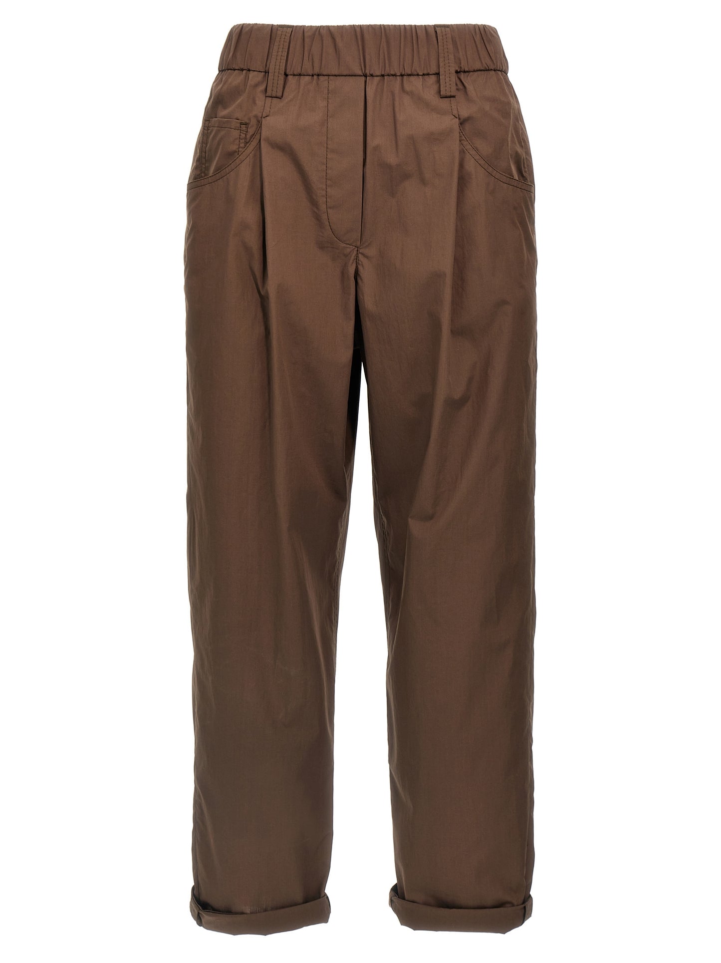 Casual Pants by Brunello Cucinelli for women in cotton brown features a polished silhouette with a polished straight-leg, reaching a polished long and finished with a polished .